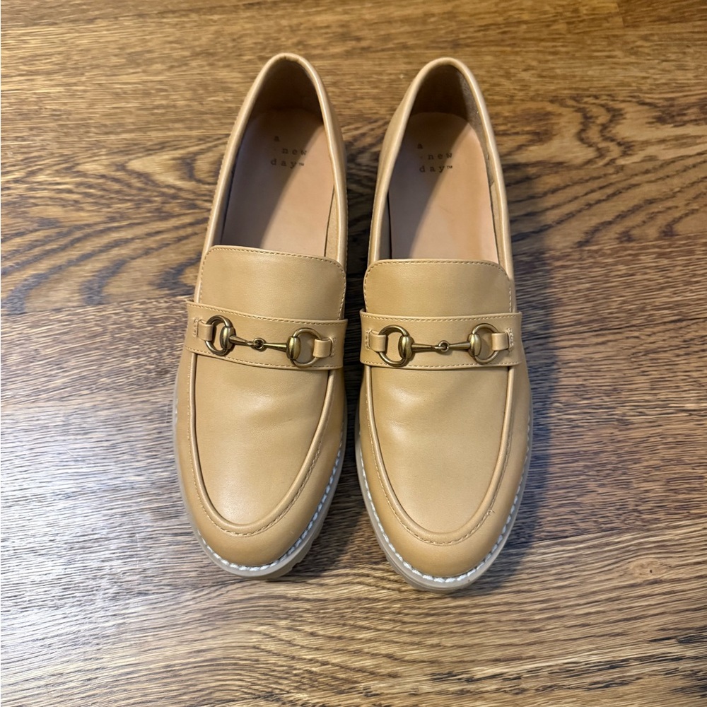 a new day Tan Leather Slip-On Loafers with Gold Hosebit Detail